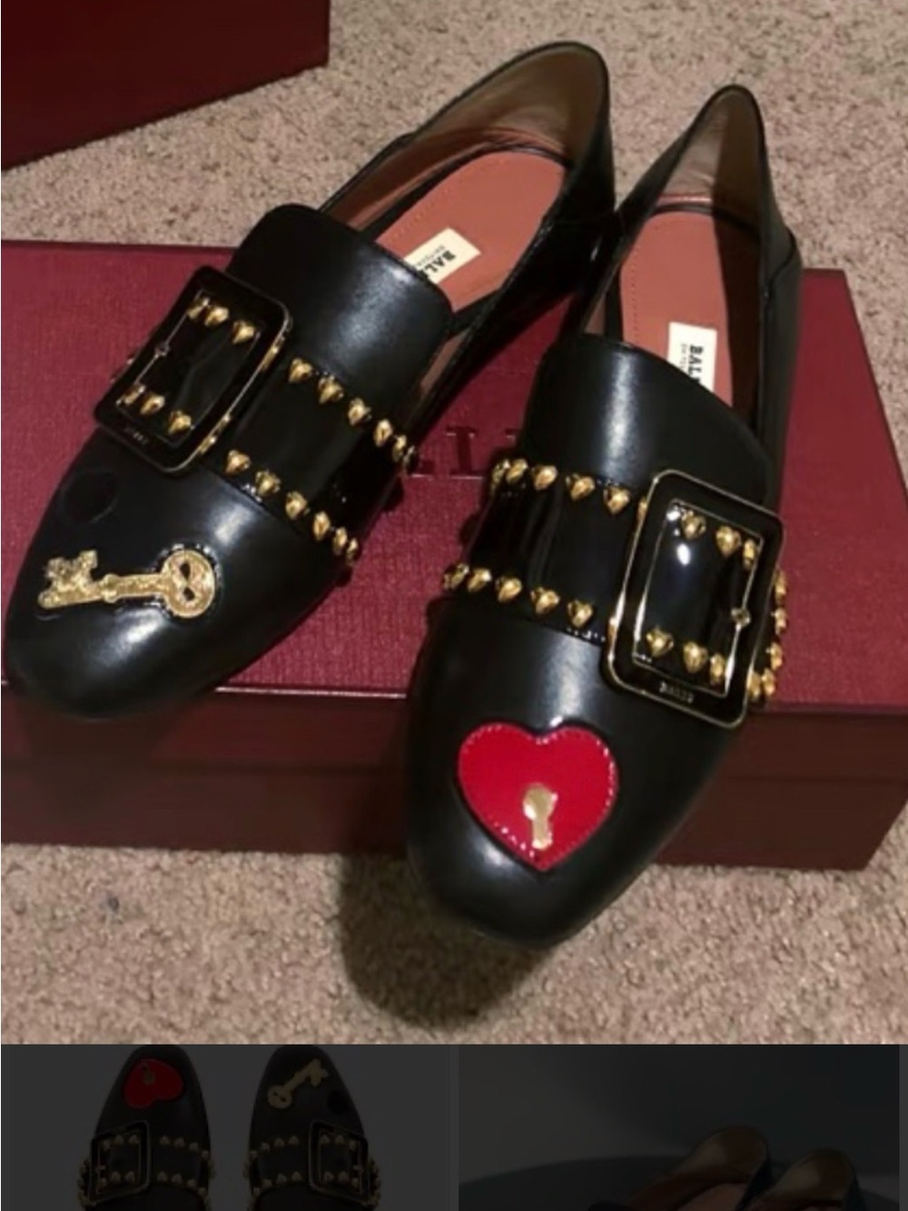 Bally Black Leather Studded Loafers with Red Heart and Gold Key